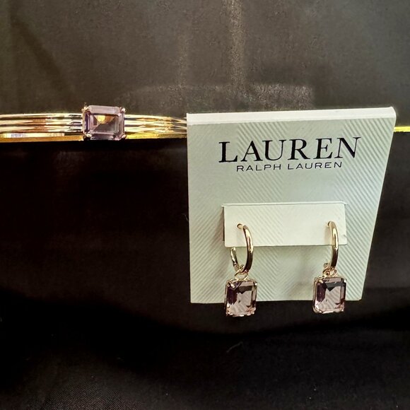 Lauren bracelet and earring set with light purple stones in gold tone setting. - Picture 1 of 3